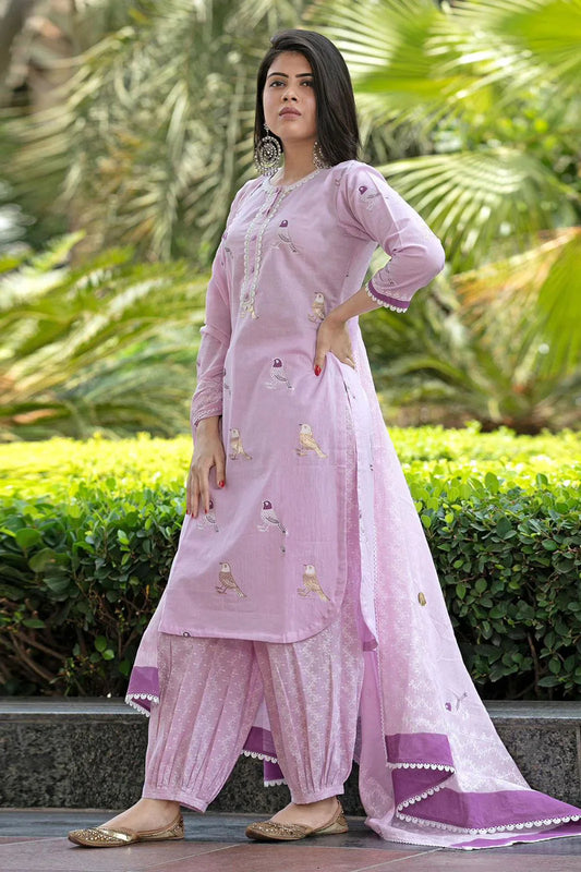 Biba Bird Printed Cotton Kurta And Pant Set With Dupatta