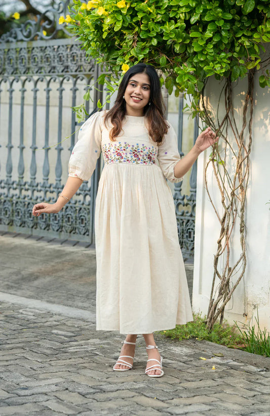 Biba Off-White Flex Cotton Dress With Floral Embroidery And Crochet Lace Detailing On Yoke And Sleeves