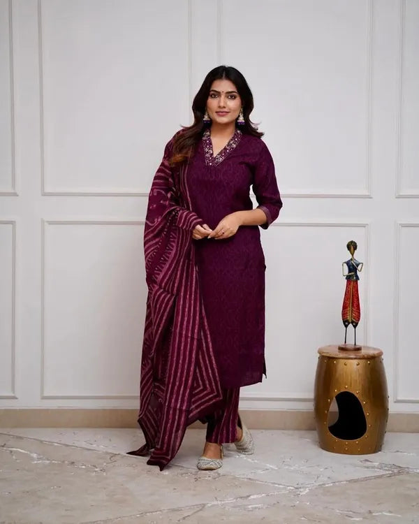 Biba Wine Cotton Kurta With Pant & Dupatta Set For Women