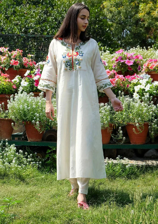 Biba Off White Embroidered Cotton Kurta And Pant Set