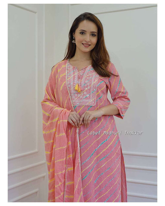 Biba Pink Leheriya Cotton  Blend Embroidered Suit Set For Women