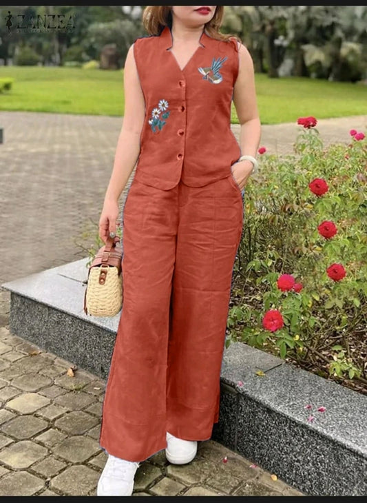 Women'S Sleeveless Rust Linen Two-Piece Set With Embroidery