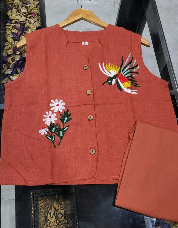 Women'S Sleeveless Rust Linen Two-Piece Set With Embroidery