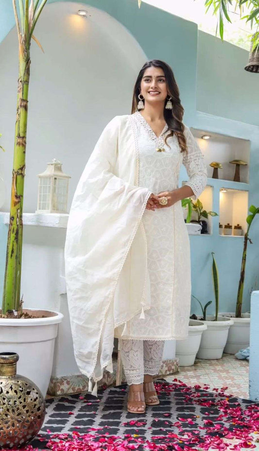 Biba Chickenkari Kurti Pant Set With Embroidered Lace And Chanderi Dupatta