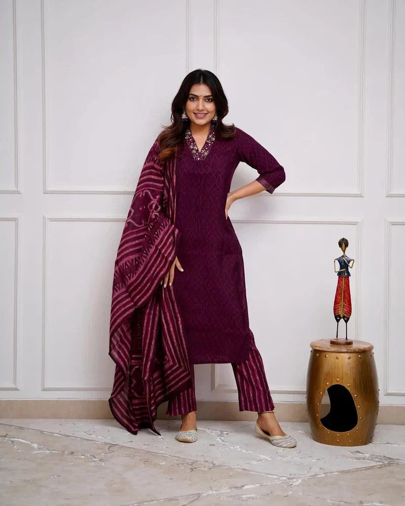 Biba Wine Cotton Kurta With Pant & Dupatta Set For Women