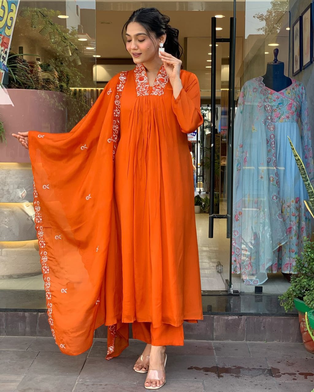 Biba Beautiful Cotton Fabric Kurti Pant With Malmal Dupatta(Orange)