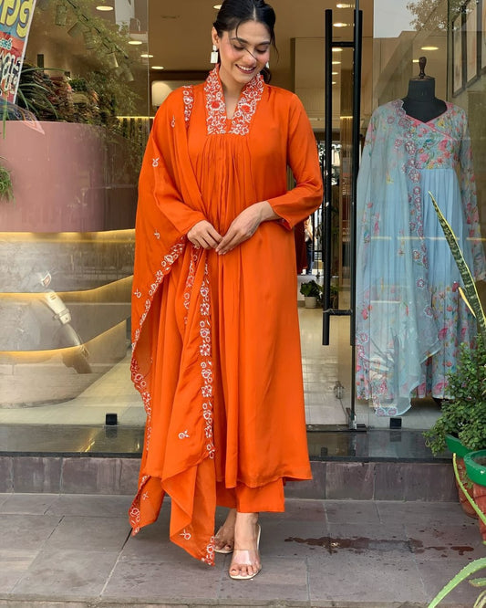Biba Beautiful Cotton Fabric Kurti Pant With Malmal Dupatta(Orange)