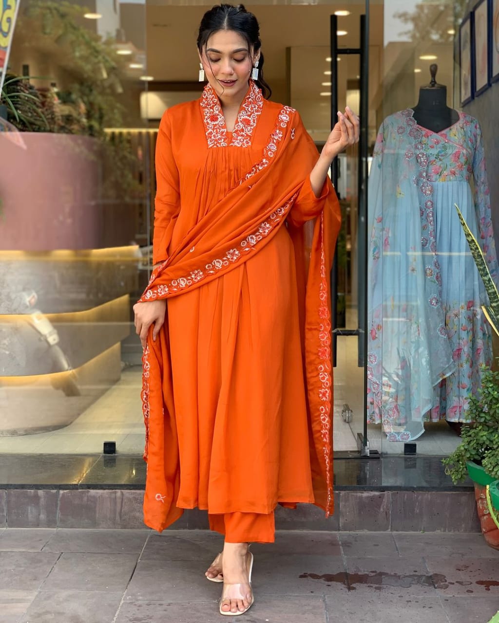 Biba Beautiful Cotton Fabric Kurti Pant With Malmal Dupatta(Orange)