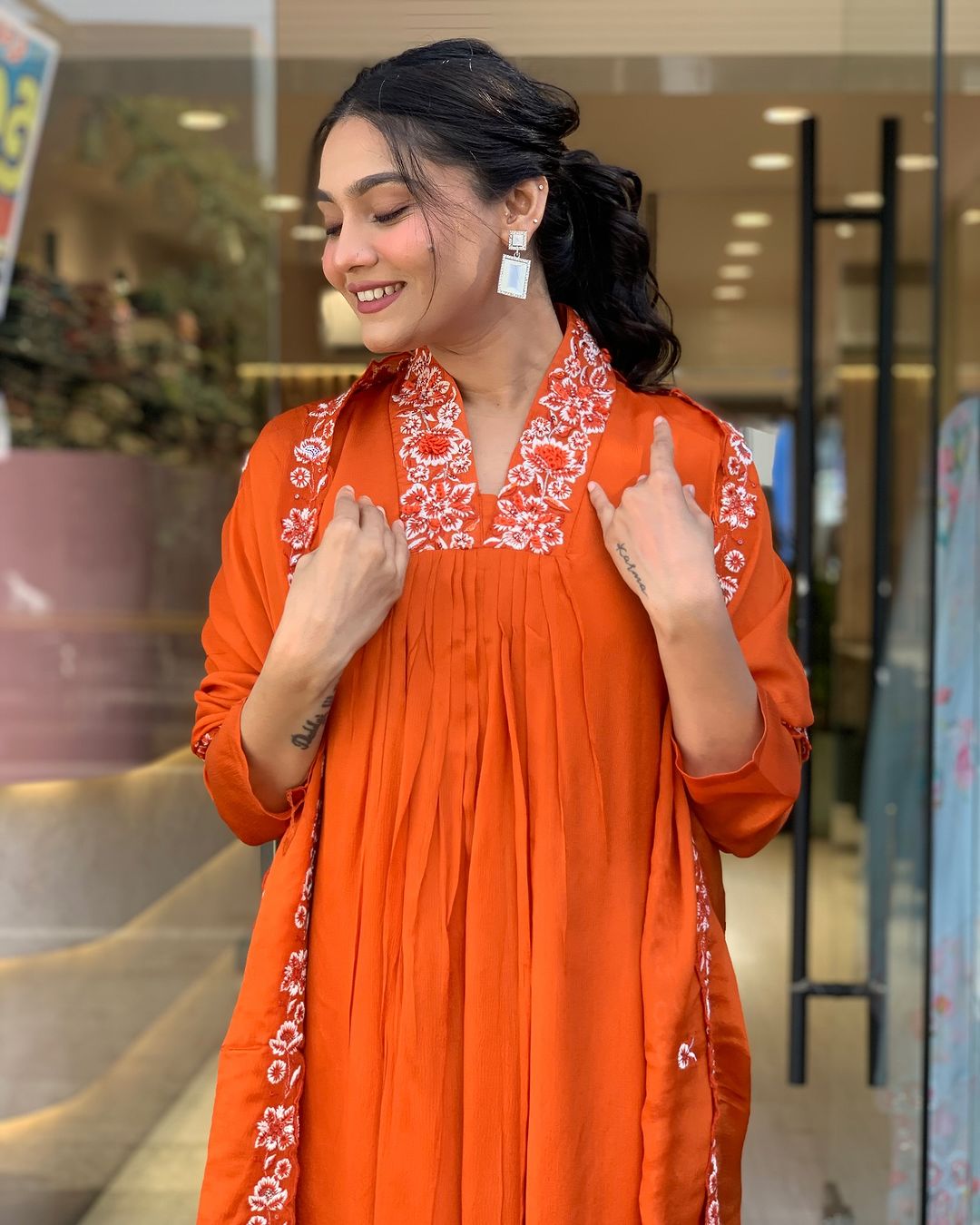 Biba Beautiful Cotton Fabric Kurti Pant With Malmal Dupatta(Orange)