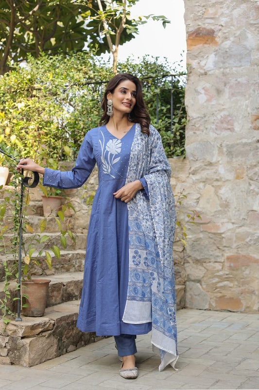 Biba Blue Kurta Suit Set With Floral Embroidery