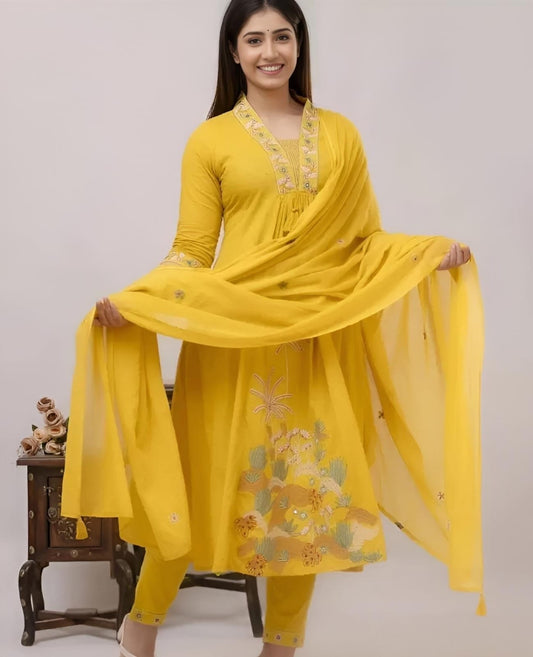 Biba Women Yellow Nri Embroidery Cotton Kurta Pant And Dupatta Set