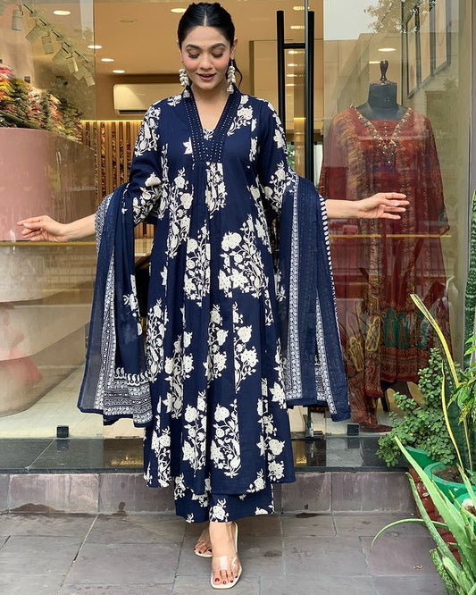 Biba Women Cotton Blue Kurta Pant And Dupatta Set