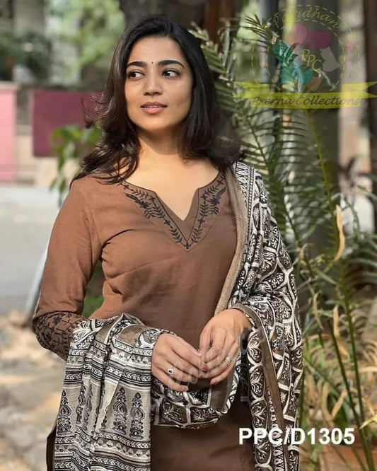 Biba Coffee Brown Embroidered Cotton Kurti With Pant And Khaddar Silk Digital Print Dupatta