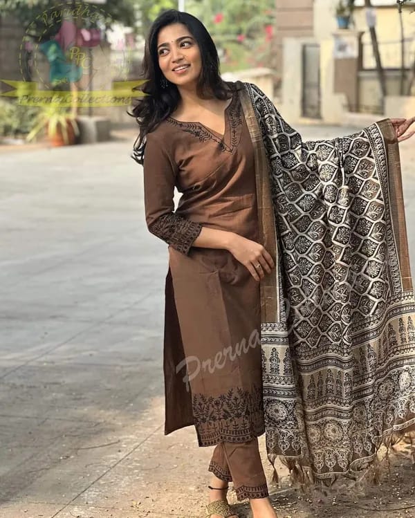 Biba Coffee Brown Embroidered Cotton Kurti With Pant And Khaddar Silk Digital Print Dupatta