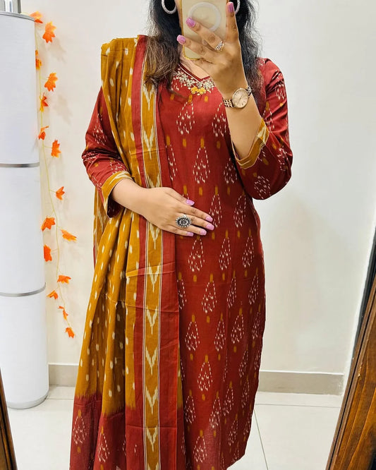 Biba Ikkat Print With Kurti Pant & Dupatta Set For Women
