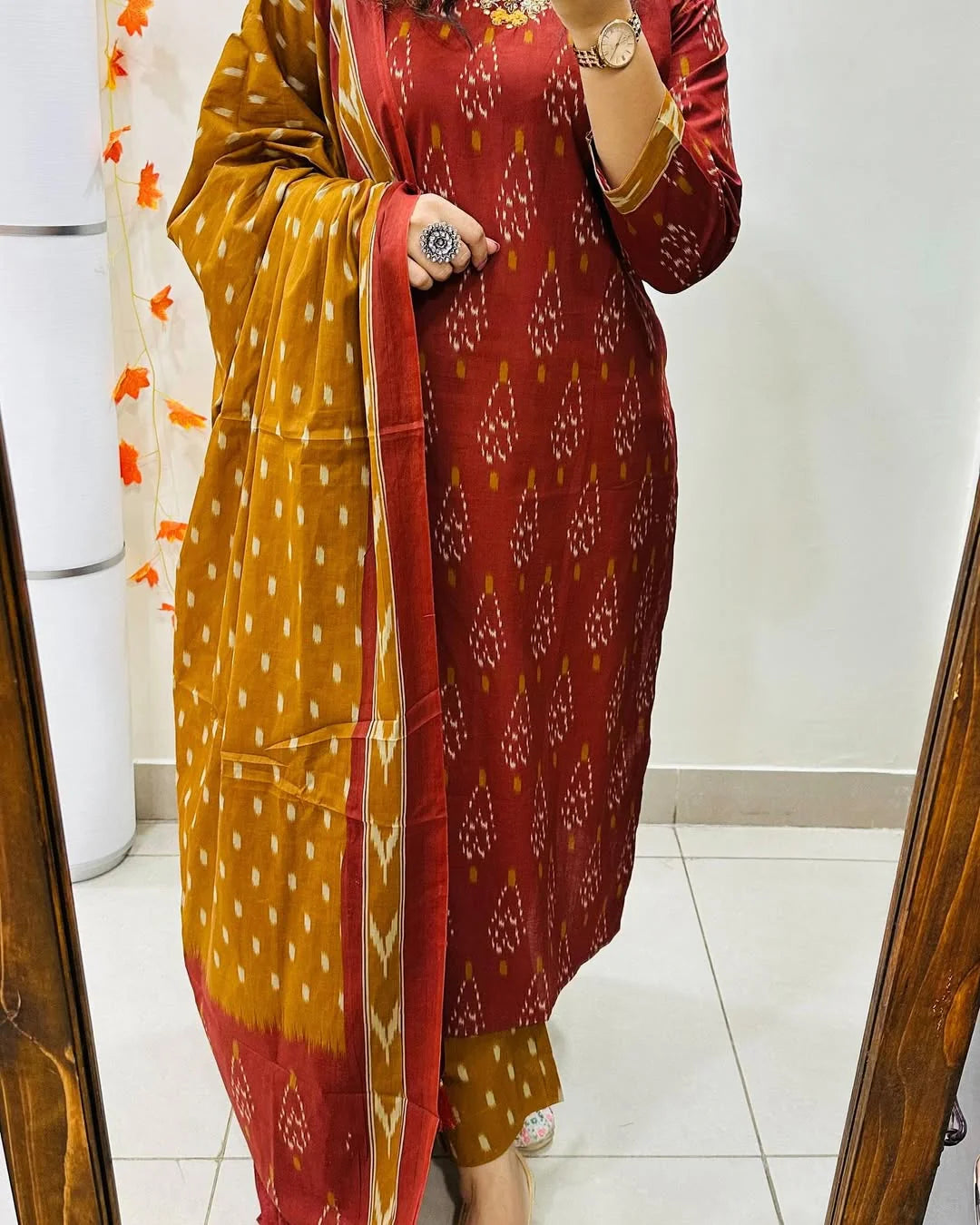 Biba Ikkat Print With Kurti Pant & Dupatta Set For Women