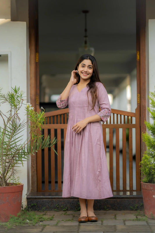 Biba Dusty Lavender Embroidered Printx Work Cotton Anarkali Gown