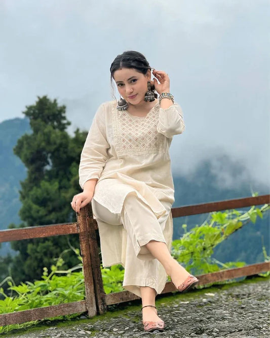Biba Off White Embroidered Cotton Kurta And Pant Set