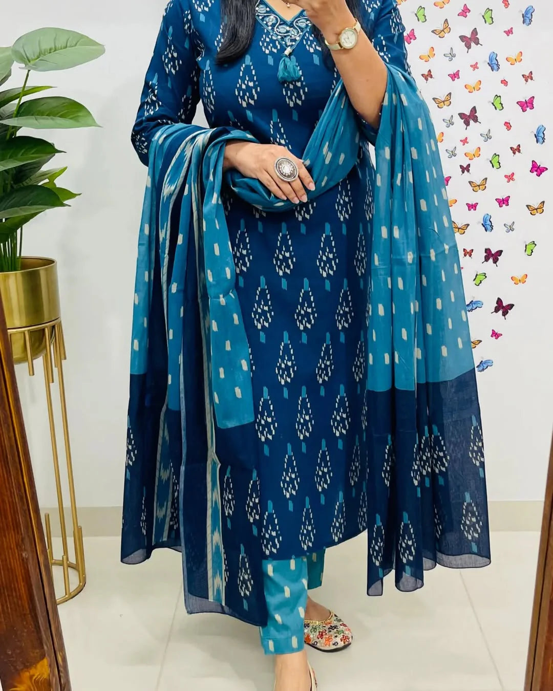 Biba Ikkat Print With Kurti Pant & Dupatta Set For Women( Blue )
