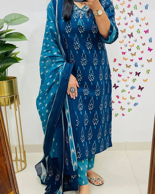 Biba Ikkat Print With Kurti Pant & Dupatta Set For Women( Blue )
