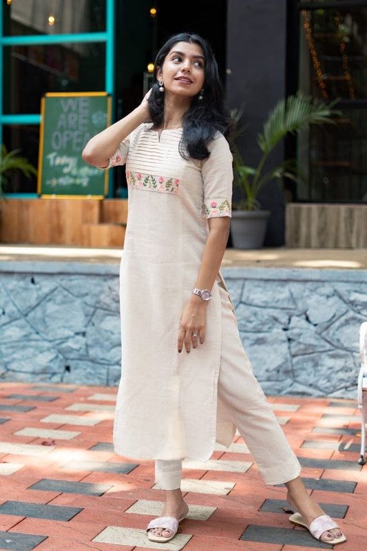Biba Elegant Off-White Kurta Set With Floral Embroidery