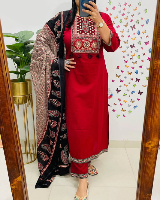 Biba Traditional Red Kurta Set With Ajrak Dupatta