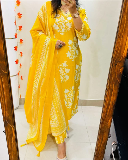 Biba Radiant Yellow Ethnic Ensemble With White Floral Embroidery