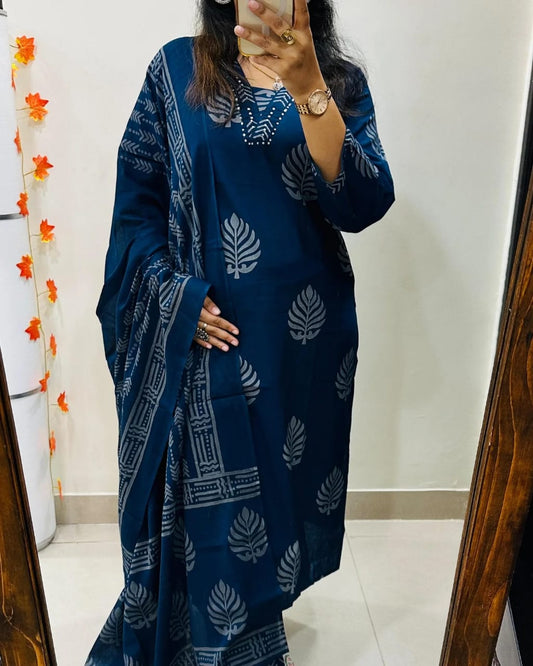 Biba Blue Handblock Print Cotton Suit Set