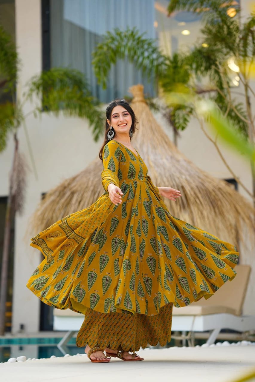 Biba Elegant Mustard Green Ethnic Ensemble With Leaf Motif