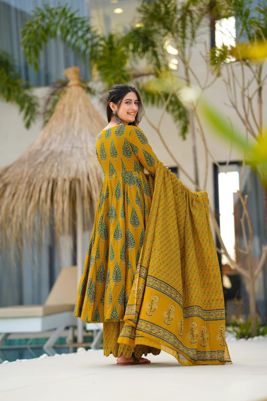 Biba Elegant Mustard Green Ethnic Ensemble With Leaf Motif