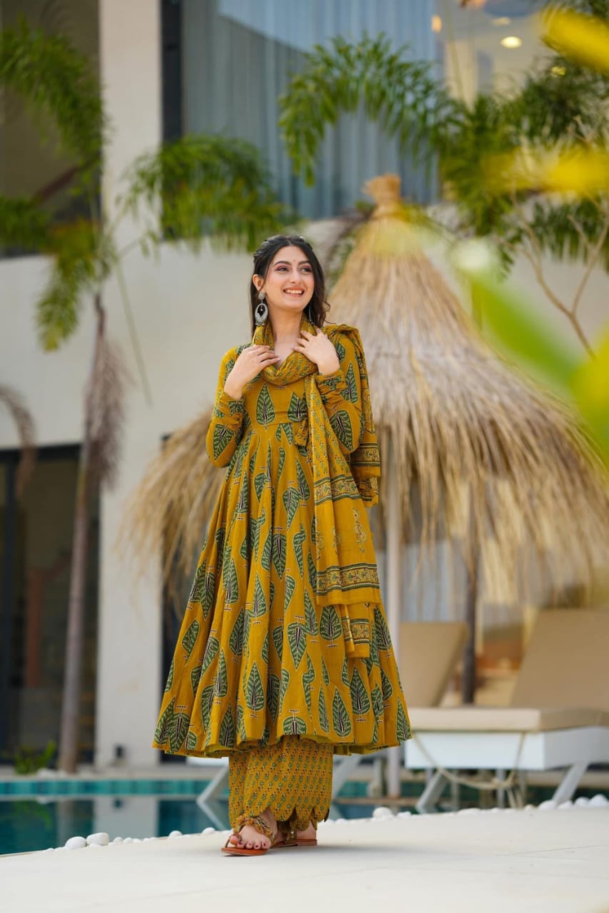 Biba Elegant Mustard Green Ethnic Ensemble With Leaf Motif