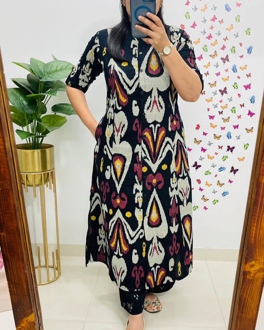 Biba Contemporary Ikat-Printed Black Cotton Kurta Set