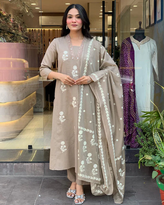 Biba Elegant Taupe Floral Embroidered Cotton Suit Set
