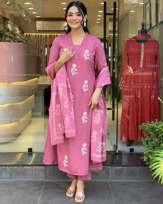 Biba Charming Rose Pink Floral Embroidered Cotton Suit Set