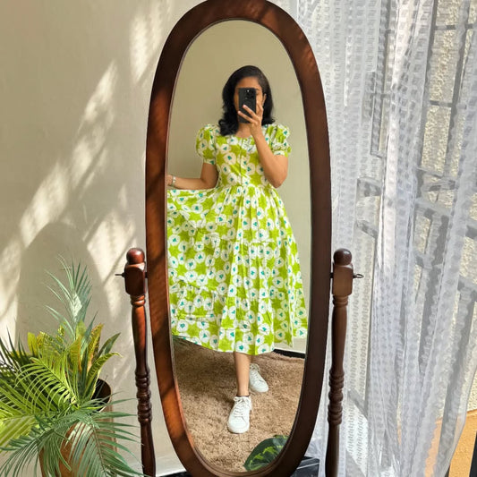 Biba Fresh Lime Green Floral Puff-Sleeve Midi Dress
