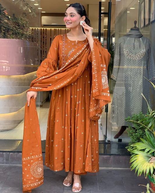 Biba Elegant Rust Orange Anarkali Suit With Intricate Embroidery