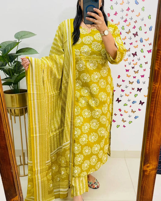 Biba Mustard Yellow Floral Printed Cotton Suit Set