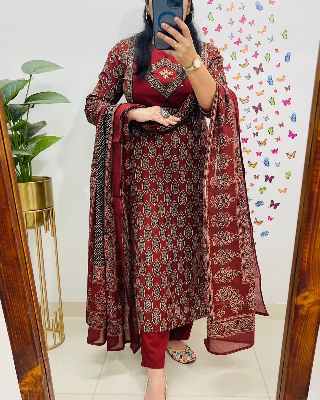 Biba Elegant Maroon Block Print Cotton Suit Set