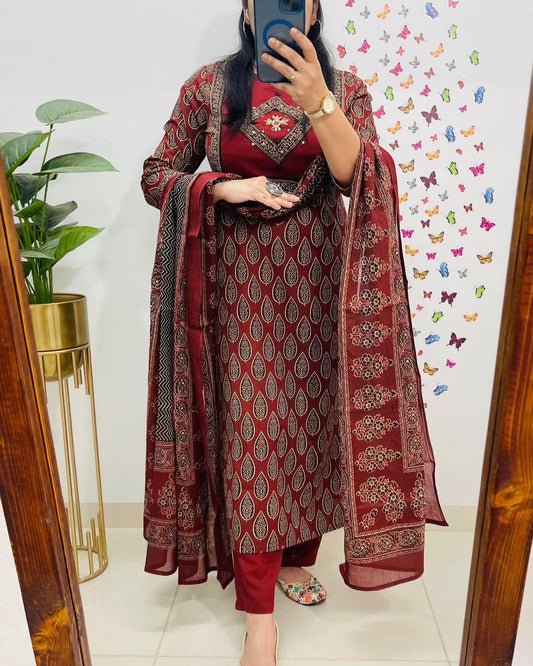 Biba Elegant Maroon Block Print Cotton Suit Set