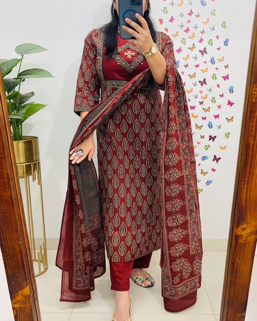 Biba Elegant Maroon Block Print Cotton Suit Set