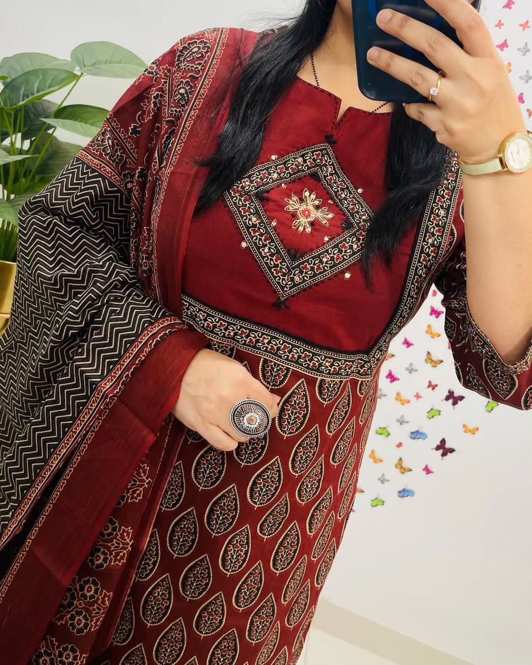 Biba Elegant Maroon Block Print Cotton Suit Set