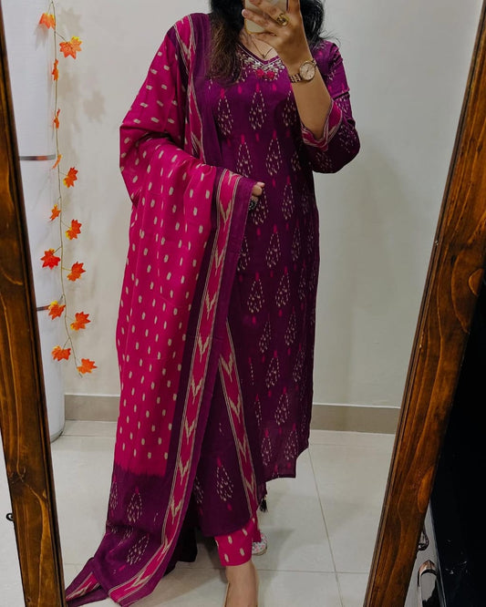 Biba Magenta Ikat Print Suit Set With Dupatta