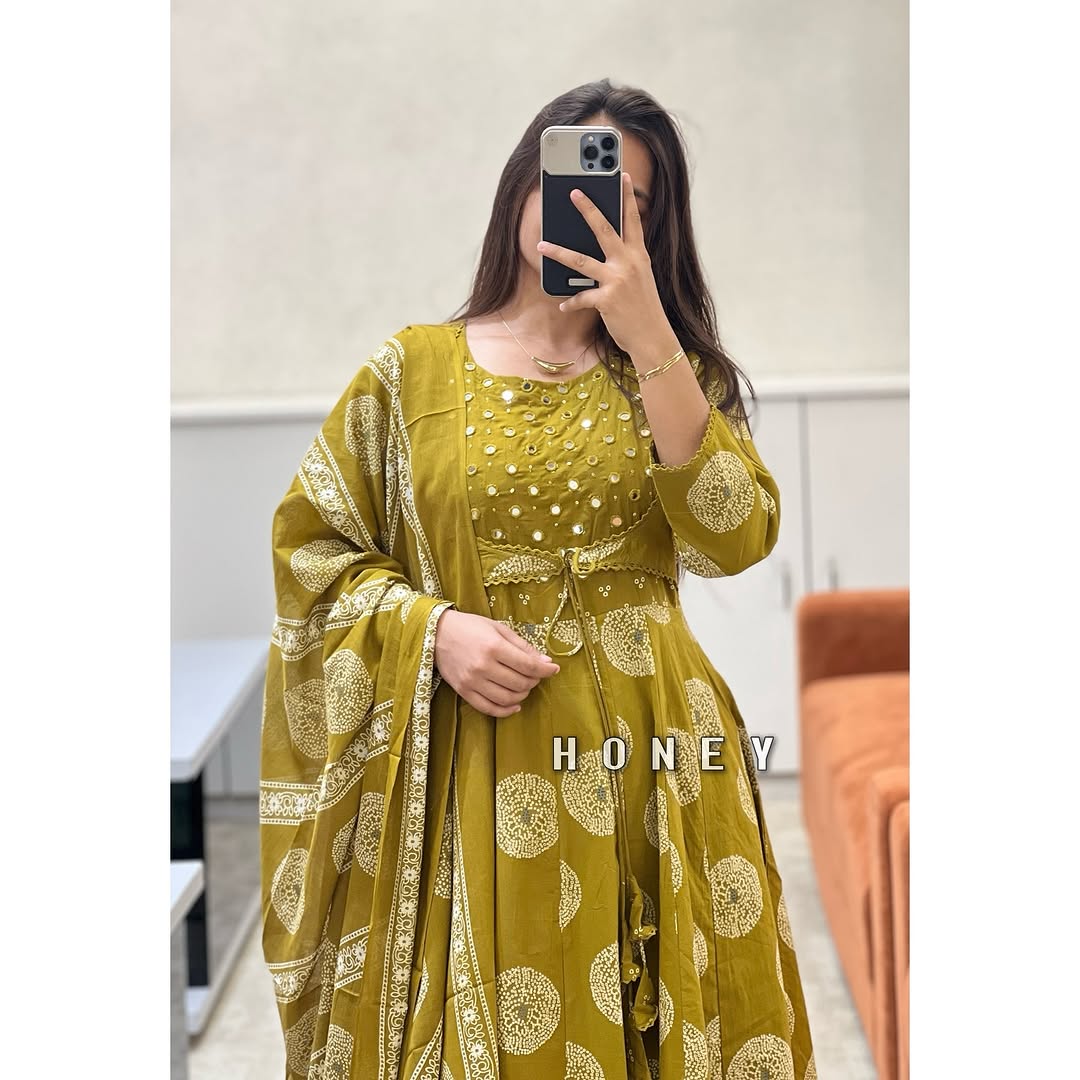 BIBA Mustard Yellow Mirror Work Anarkali Suit Set