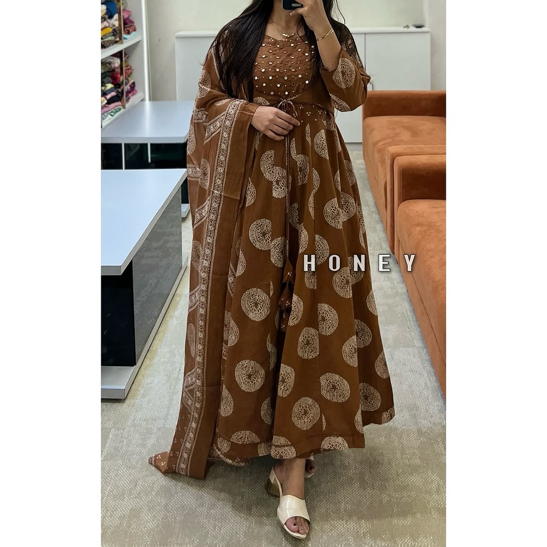 BIBA  Coffee Brown Mirror Work Anarkali Suit Set