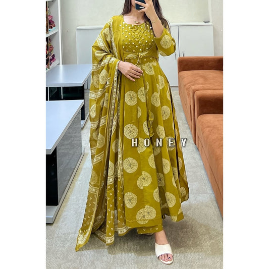 BIBA Mustard Yellow Mirror Work Anarkali Suit Set