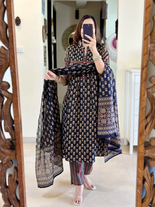 Biba Elegant Navy Blue Printed Cotton Kurta Set